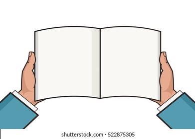 Hands with open blank book template. Knowledge, education. Flat mockup. Vector illustration.