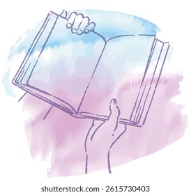 Hands and an open book colored with watercolor. Vector sketch illustration.