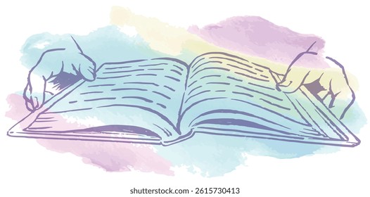 Hands and an open book colored with watercolor. Vector sketch illustration.