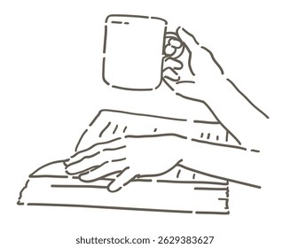 Hands and an open book. Simple line. Vector sketch illustration.