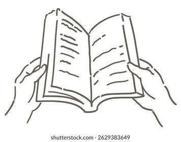 Hands and an open book. Simple line. Vector sketch illustration.
