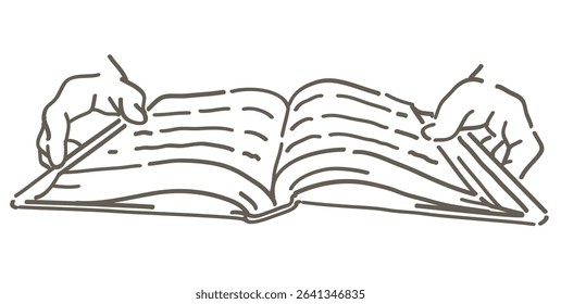 Hands and an open book. Simple line. Vector sketch illustration.