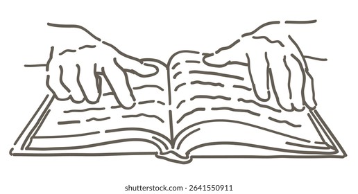 Hands and an open book. Simple line. Vector sketch illustration.