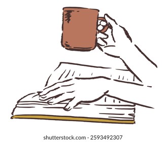 Hands and an open book. Vector sketch illustration.
