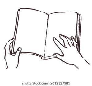 Hands and an open book. Vector sketch illustration.
