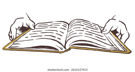 Hands and an open book. Vector sketch illustration.