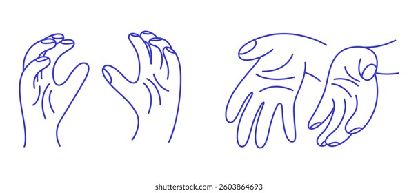 Hands open and catching or holding something. Outline doodle style with editable line