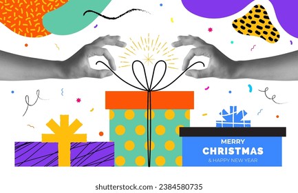 Hands open Christmas gift box. Colorful retro collage style illustrations. Design for poster, banner, greeting and celebration. Vector Illustration