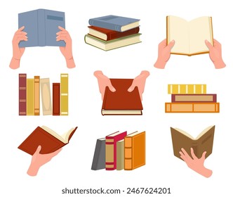 Hands with open and closed books. People carrying textbooks stack. Arms holding encyclopedia. Reading novel. Different projections. Literature lovers with volumes