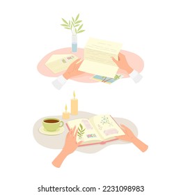 Hands with Open Diary or Notepad and Reading Letter Vector Set