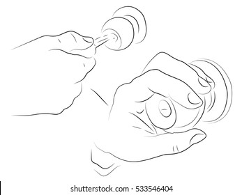 Hands open the door, black and white pencil drawing