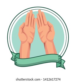 hands open facing in front icon cartoon in round icon with ribbon