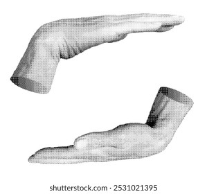 Hands, open flat palms set, holding something, space. Halftone style vector isolated on white background.