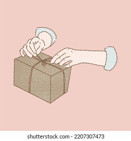 Hands open gift box. Hand drawn flat vector illustration in colored pencil texture style.