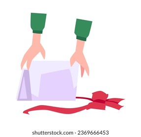 Hands with open gift box, untied red bow with ribbon. Surprise white packaging. Present on romantic holiday, birthday, valentine's day. Vector isolated illustration merry christmas and new year gift