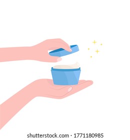 hands open jar of cream with gold shine. symbol of cosmetic procedure, hygiene face and body, proper skin care for young female and adults, spa treatment in a salon, home. flat sign isolated on white