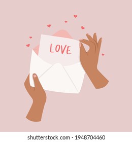 Hands Open The Letter And Text Of Love.