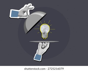 As mãos abrem uma tampa de metal sobre uma placa com uma lâmpada incandescente. Um cloche com uma lâmpada elétrica brilhante. Conceito de uma nova ideia. Estilo de colagem moderno. Ilustração vetorial