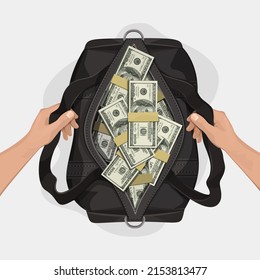 Hands opened a black bag in which there are many  bundle of dollars. Sports bag full of money.