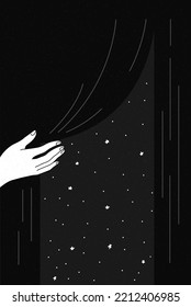 Hands of opening curtains at night. Starry sky outside window. Dreams, Poster, Card, banner, website design or landing web page. Simple line drawing. Modern flat vector illustration. Hand drawn style.