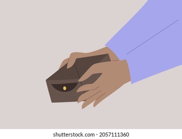 Hands opening an empty wallet, financial troubles, no cash