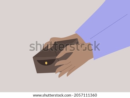 Hands opening an empty wallet, financial troubles, no cash