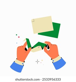 Hands Opening Envelope With Green Paper In Flat Vector Illustration Symbolizing Communication, Messages, And Formal Correspondence, Isolated On White Background.