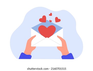 Hands opening envelope with hearts inside. Person holding letter with confession flat vector illustration. Love, romance, valentine day concept for banner, website design or landing web page