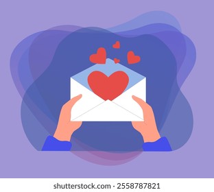 Hands opening envelope with hearts inside. Person holding letter with confession flat vector illustration. Love, romance, valentine day concept for banner, website design or landing web page