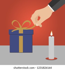 Hands opening gift box. Christmas, New Year. Xmas atmosphere. Vector isolated illustration