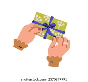 Hands opening gift box. Unpacking present, untying ribbon bow, top view. Person unwrapping giftbox in festive wrapping, packed in holiday paper. Flat vector illustration isolated on white background