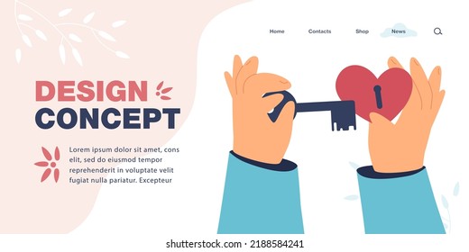 Hands opening heart lock with key flat vector illustration. Searching for way to beloved heart or offering of marriage. Love, relationship concept for banner, website design or landing web page