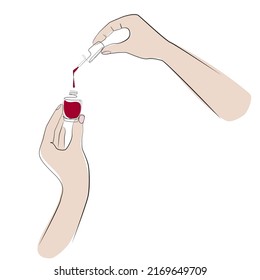 Hands opening nail polish close up line art on white isolated background