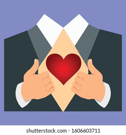 Hands opening a suit to show a human heart 