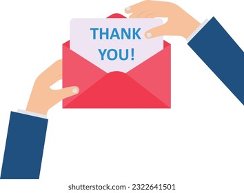 Hands opening thank you letter. Person taking card out of envelope, Flat vector illustration. Communication, correspondence, gratitude

