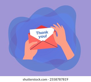 Hands opening thank you letter. Person taking card out of envelope flat vector illustration. Communication, correspondence, gratitude concept for banner, website design or landing web page