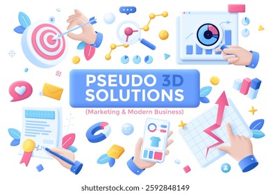 Hands operating with various corporate work objects isolated on white. Marketing and modern business Pseudo 3d solutions set. Commercial activities analytics and strategy illustrations of web design