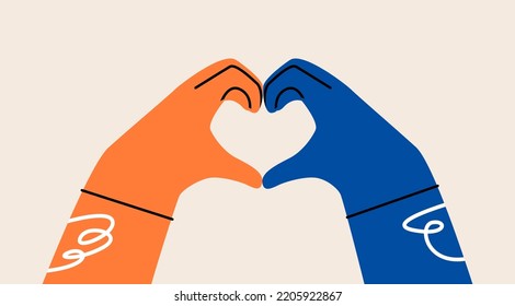 Hands of orange and blue human people forming heart meaning love over. Multi ethnic and multicultural love concept. Colorful vector illustration
