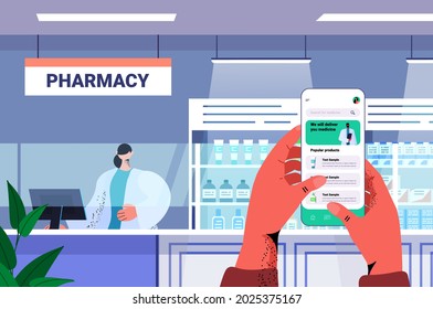 hands ordering medications on smartphone screen modern drugstore interior medicine healthcare concept