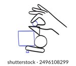 Hands organize abstract shapes in structure or system and analyse result. Data and information analytics and order in doodle line drawing style. Vector illustration of person search balance harmony.