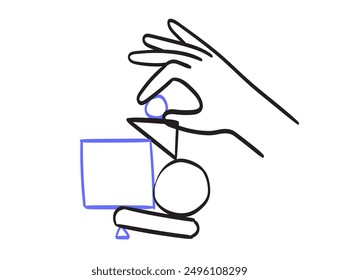 Hands organize abstract shapes in structure or system and analyse result. Data and information analytics and order in doodle line drawing style. Vector illustration of person search balance harmony.