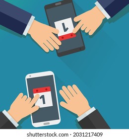 Hands organize an appointment with their diary on their smartphone (flat design)