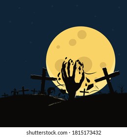 Hands out of the ground on the tomb design vector illustration. Halloween design concept