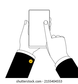 Hands in outline style with a smartphone. Vector illustration on the topic of mobile communication and the use of smartphones.