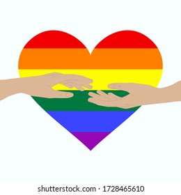 Manos extendidas unas a otras - corazón LGBT colorido del arcoiris - aislado en fondo blanco - vector. Orgullo gay. Concepto LGBT.
