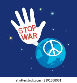 Hands outstretched from the globe with the words stop the war, world peace day, illustrator vector cartoon drawing image painting