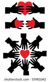 Hands outstretched to the heart in various ways