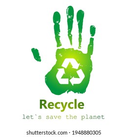 Hands outstretched with recycling symbol. Ecology concept. Concept save the earth or stop global warming. Protect nature, save the world. Flat style. Isolated on white. Vector illustration