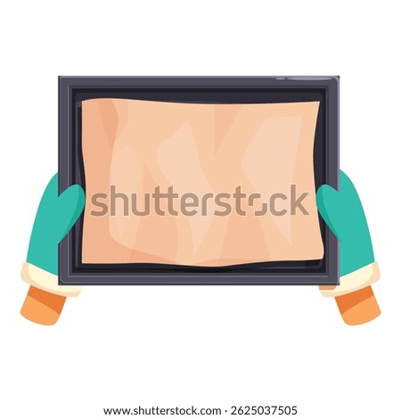 Hands in oven mitts holding empty baking pan with baking paper covering