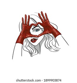 Hands over eye shape of heart gloves